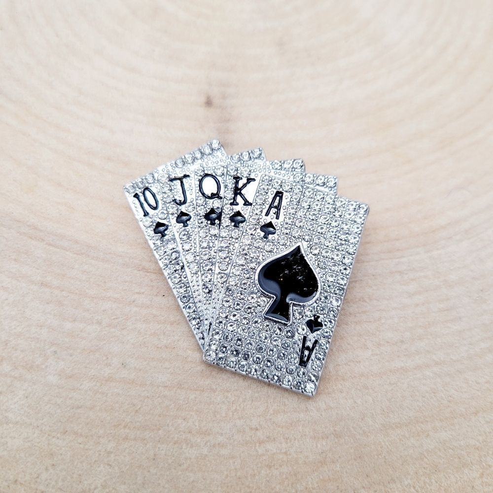 Brand New Silver Rhinestone Poker Cards Brooch Pin
